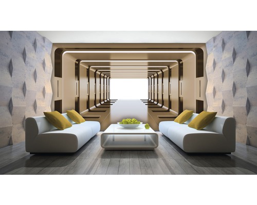 Modernes Wohnzimmer mit futuristischer Wandgestaltung, Sofas und Tisch