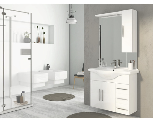 Badmöbel-Set Baden Haus Aida BxHxT 85 x 173 x 50 cm Frontfarbe weiß hochglanz mit Waschtisch Keramik weiß und Waschtischunterschrank Waschtisch Spiegel mit LED-Beleuchtung Wandschrank