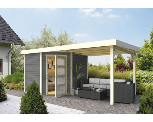 Gartenhaus Karibu Anvik 5 mit Schleppdach 493 x 262 cm terragrau Gartenhaus mit Lounge-Bereich und Terrassenmöbeln auf gepflasterter Fläche