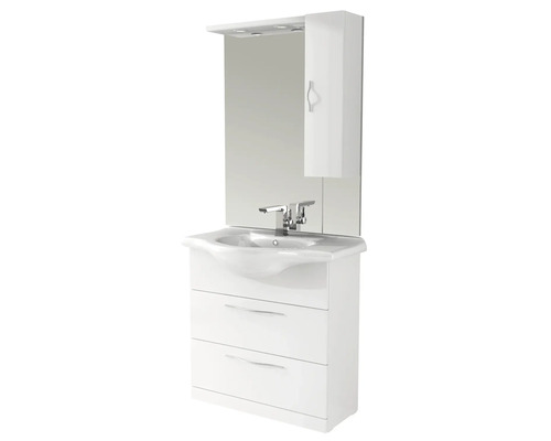 Weißer Waschtisch mit zwei Schubladen, Waschbecken, Spiegel und Spiegelschrank für das Badezimmer.
