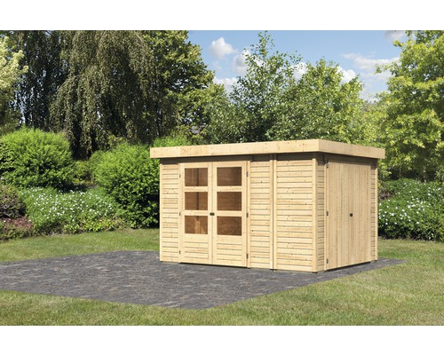 Gartenhaus Karibu Karola 4 mit Anbauschrank 342 x 262 cm natur Gartenhaus aus Holz mit Flachdach und Doppeltür
