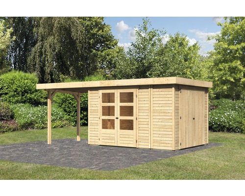 Gartenhaus Karibu Karola 4 mit Anbauschrank und Anbau 2,4 m 546 x 262 cm natur