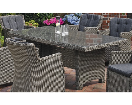 Gartenmöbelset mit Esstisch und Stühlen aus Rattan mit grauen Sitzkissen