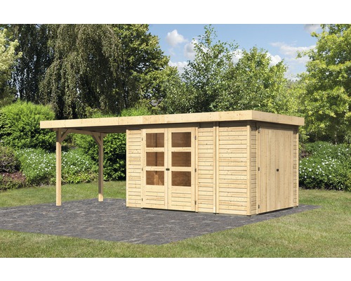 Gartenhaus Karibu Karola 4 mit Anbauschrank und Anbau 2,8 m 584 x 262 cm natur