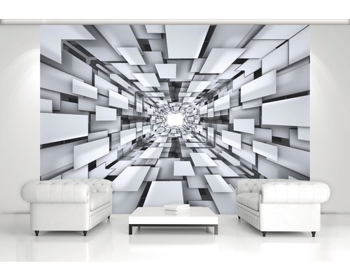 Wohnzimmer mit Fototapete mit geometrischem Tunnelmuster