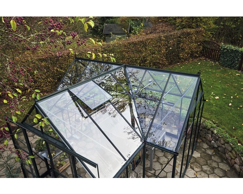 Ansicht von oben auf ein Gewächshaus mit Glaswänden im Garten.