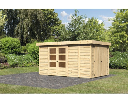 Gartenhaus Karibu Karola 6 mit Anbauschrank 404 x 262 cm natur Gartenhaus aus Holz mit Doppeltür und Einzeltür im Garten