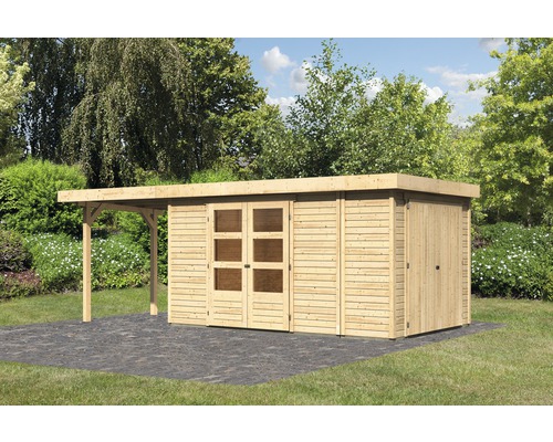 Gartenhaus Karibu Karola 6 mit Anbauschrank und Anbau 2,4 m 646 x 262 cm natur