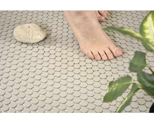 Badezimmerboden mit Mosaikfliesen, Fuß, Stein und Pflanze