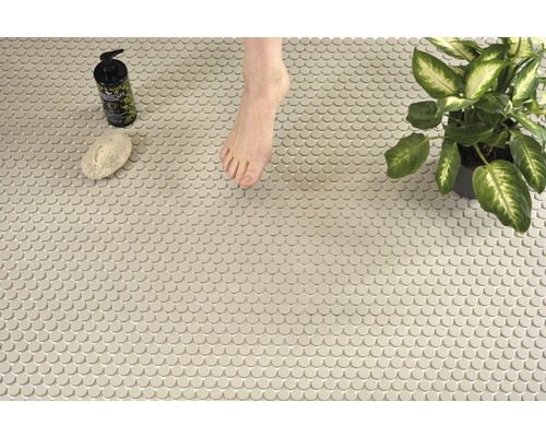 Mosaikfliesen im Badezimmer mit Fuß, Pflanze, Bimsstein und Seife