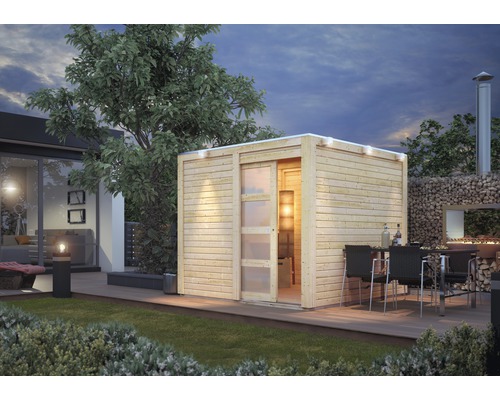 Gartenhaus Karibu Carlson mit selbstklebender Dachfolie und Aluminium Abtropfwinkel 246 x 246 cm natur