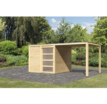 Gartenhaus Karibu Carlson mit Schleppdach, selbstklebender Dachfolie und Aluminium Abtropfwinkel 484 x 246 cm natur