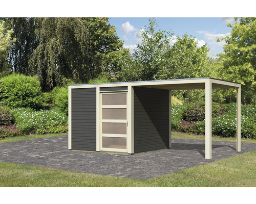 Gartenhaus mit integriertem Carport vor Gartenkulisse