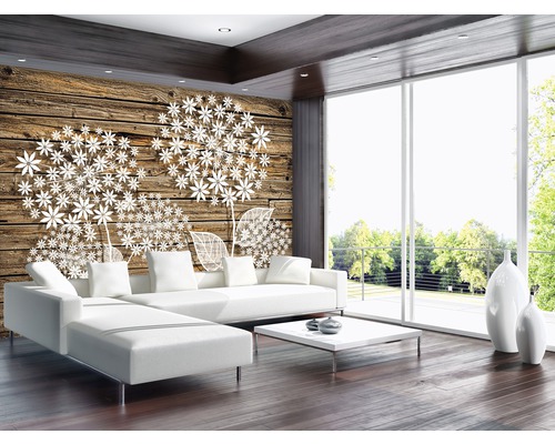 Wohnzimmer mit Holzwand, Sofaecke und Pusteblumenmotiv