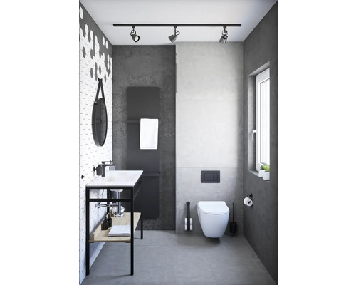 Modernes Badezimmer mit Waschbecken, Toilette und grauen Akzenten