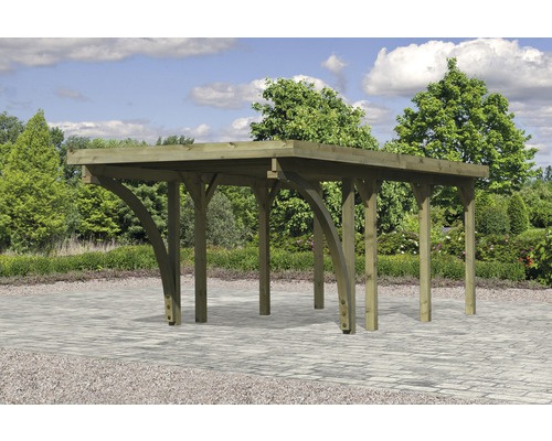 Holzpavillon mit rechteckigem Dach und geschwungenen Säulen im Garten