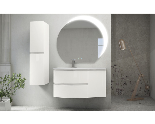 Modernes Badezimmerensemble mit Waschtischunterschrank, Spiegelschrank und runden Spiegel mit Beleuchtung.