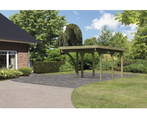Einzelcarport Karibu Bremm 1 Variante B 318 x 480 cm kesseldruckimprägniert Holzcarport im Gartenbereich mit Pflastersteinen