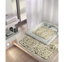 Badezimmer mit Duschwanne, Badematten und Badzubehör auf Regalen