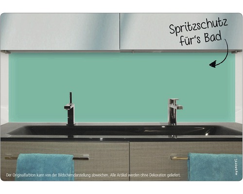 Badezimmer mit Spritzschutzwand hinter dem Waschbecken