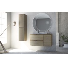 Badezimmer mit Waschtischunterschrank, Spiegelschrank und rundem Spiegel