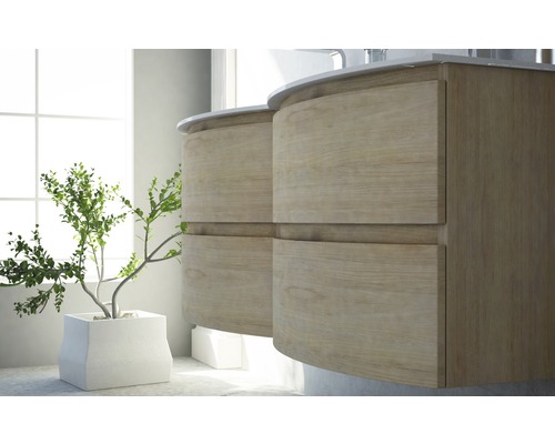 Badezimmer mit zwei Waschtischen aus Holz und Pflanze im Topf