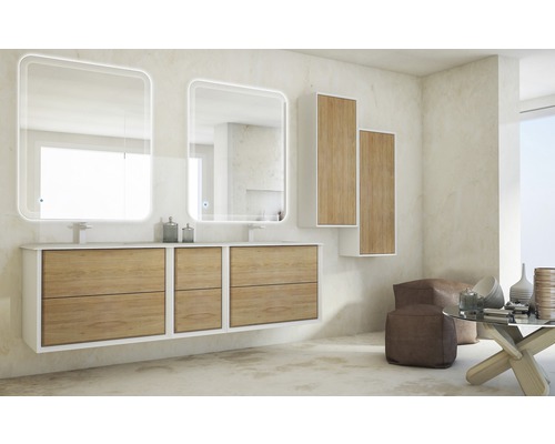 Modernes Badezimmer mit Waschtisch, Spiegeln und Stauraumelementen