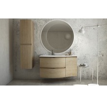Modernes Badezimmer mit Waschtisch, Spiegelschrank und runden Spiegel mit Beleuchtung
