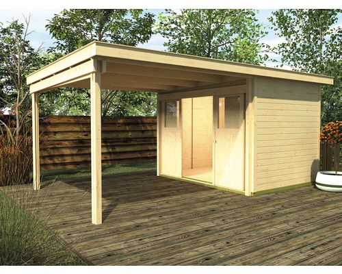 Holzgartenhaus mit überdachter Terrasse auf einer Holzterrasse