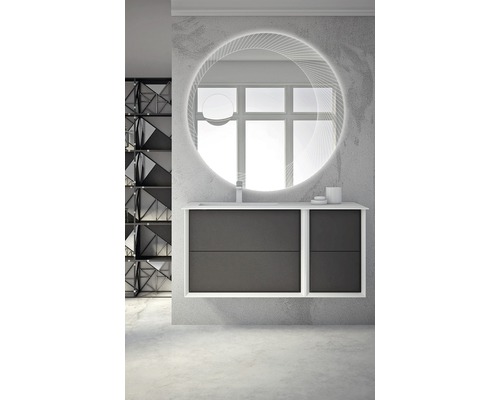 Badezimmer mit Waschtischunterschrank, Aufsatzwaschbecken, Armatur und rundem Spiegel mit Beleuchtung