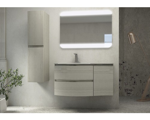 Modernes Badezimmer mit Waschbeckenunterschrank, Spiegelschrank und Hochschrank