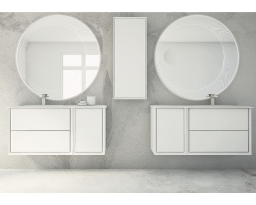 Badezimmer-Szene mit zwei Waschtischen, runden Spiegeln und einem Hängeschrank