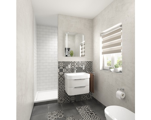Modernes Badezimmer mit Waschbecken, Spiegelschrank, Dusche und gemusterten Fliesen