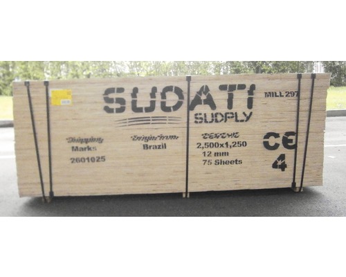 Paket Sperrholzplatten mit den Maßen 2500 x 1250 x 12 mm, Herkunftsland Brasilien