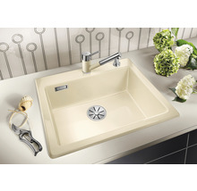 Spüle aus Silgranit mit Armatur und Blumenarrangement