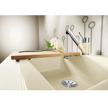 Spüle mit Armatur, Schneidebrett und Blume