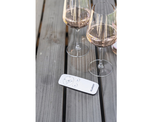 Zwei gefüllte Weingläser und eine Fernbedienung auf einem Holztisch