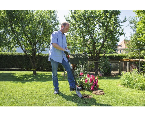 Mann gräbt mit einem Spaten ein Loch im Garten für eine Pflanze.