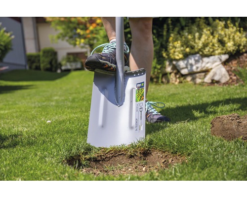 Eine Person benutzt einen Spaten im Garten, um ein Loch in den Rasen zu stechen.