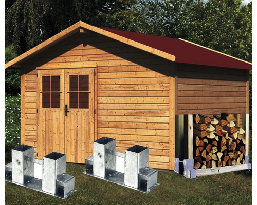 Gartenhaus mit Holzunterstand und Fundamentbausätzen