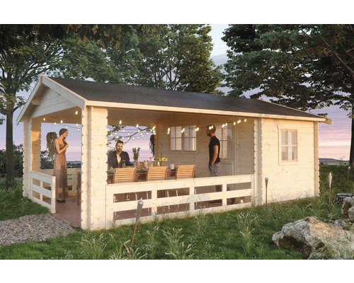 Terrassenhaus SKAN HOLZ Alicante mit Fußboden 420 x 553 cm natur Holz Gartenhaus mit überdachter Terrasse und Beleuchtung im Garten