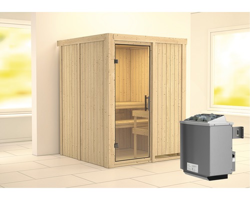 Elementsauna Karibu Norina inkl. 9 kW Ofen u.integr.Steuerung ohne Dachkranz mit Ganzglastüre aus Klarglas