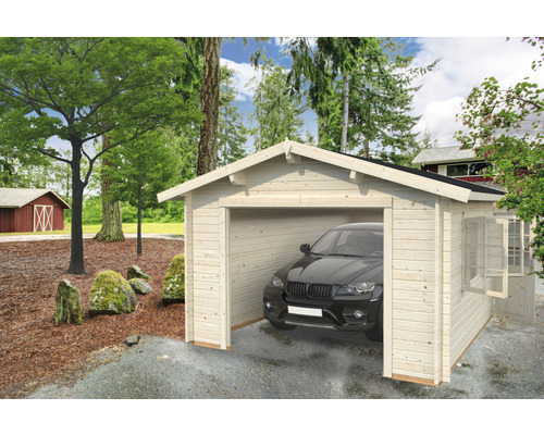 Einzelgarage Palmako Roger 19,0 m² ohne Tor 426 x 598 cm natur Holzgarage mit einem Auto darin und einem geöffneten Fenster