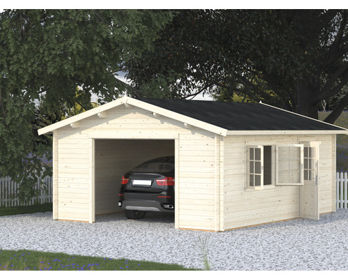 Einzelgarage Palmako Roger 23,9 m² ohne Tor 514 x 598 cm natur Holzgarage mit offenem Tor und Auto