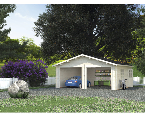 Doppelgarage Palmako Roger 28,4 m² ohne Tor 629 x 565 cm natur Doppelgarage aus Holz mit Auto und Motorrad im Garten