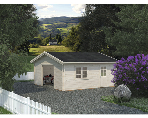 Einzelgarage Palmako Roger 27,7 m² ohne Tor 622 x 596 cm natur Gartenhaus mit Garage und Motorrad im Grünen