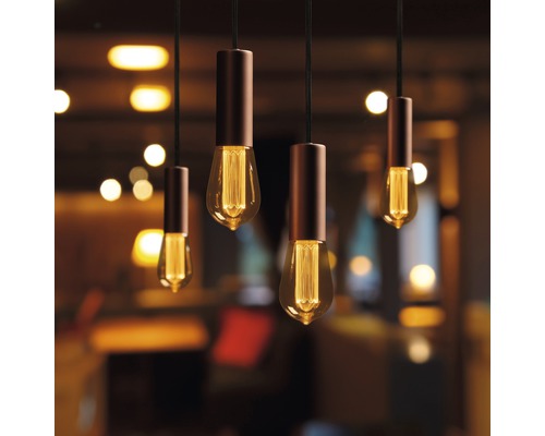 Mehrere Pendelleuchten mit Glühbirnen in Szene gesetzt.