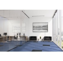 Modernes Büro mit Glaswänden, blauen Teppichfliesen, Sesseln und Fensterfront