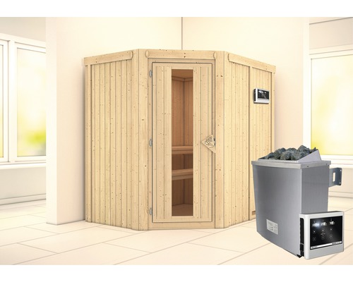 Elementsauna Karibu Carina inkl. 9 kW Ofen u.ext.Steuerung ohne Dachkranz mit Holztüre und Isolierglas wärmegedämmt