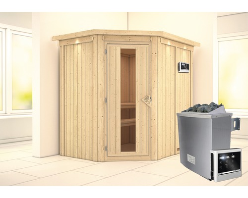 Elementsauna Karibu Carina inkl. 9 kW Ofen u.ext.Steuerung mit Dachkranz und Holztüre mit Isolierglas wärmegedämmt